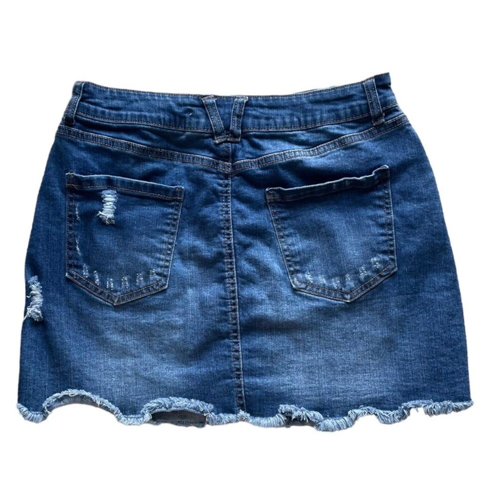 Wax Jean Distressed Mini Denim Skirt Womens Size L Blue Frayed Raw Hem Stretchy - Picture 2 of 8